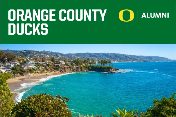 Orange County Ducks on a green banner above a photo of palm trees and houses along turquoise blue water.