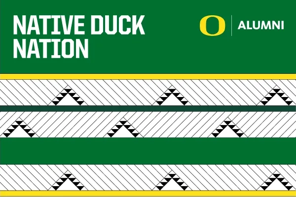 Native Duck Nation text on a green banner above a black and white pattern based on Oregon indigenous artwork.