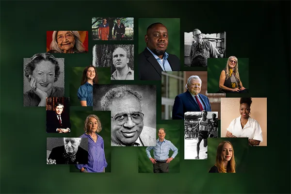 An array of modern and black and white headshots of UO alumni arranged on a dark green background.