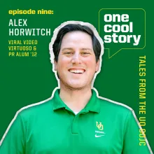 Alex Horwitch featured in episode nine of 'One Cool Story' podcast, wearing a green University of Oregon polo.