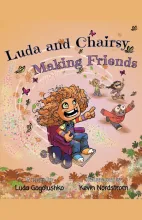 In an illustrative style, a little girl in a wheelchair points at colorful leaves, wind, and butterflies around her while smiling. The title across the top says Luda and Chairsy Making Friends.