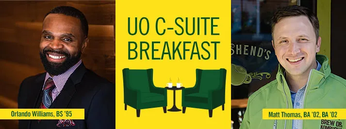 Banner for C-Suite Breakfast featuring headshots of two executives