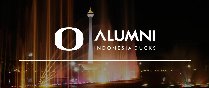 University of Oregon Alumni logo over Indonesia background