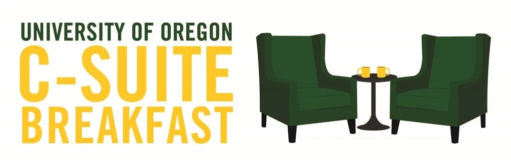 Banner for C-Suite Breakfast with two chairs and a small table
