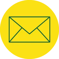 Green outline of envelope on a yellow circle