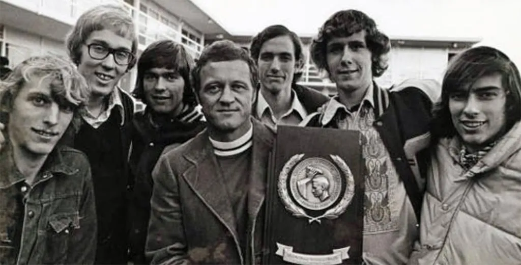 Coach Bill Dellinger after winning his 3rd NCAA team championship in four years with his 1974 cross country team