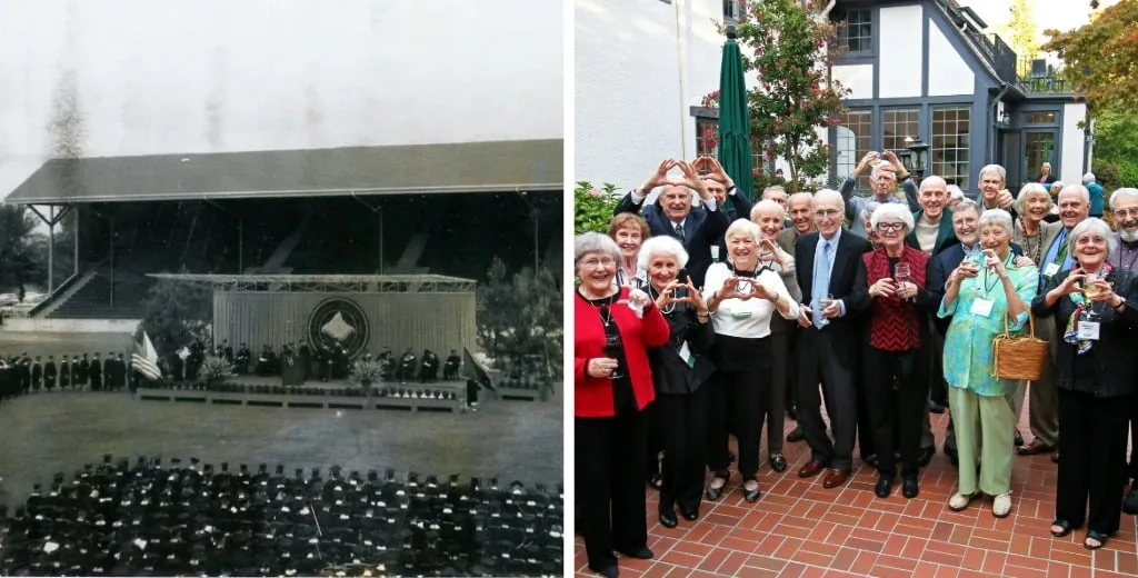 Split image of a the Class of 1965 at their graduation and their 50th Reunion in 2015