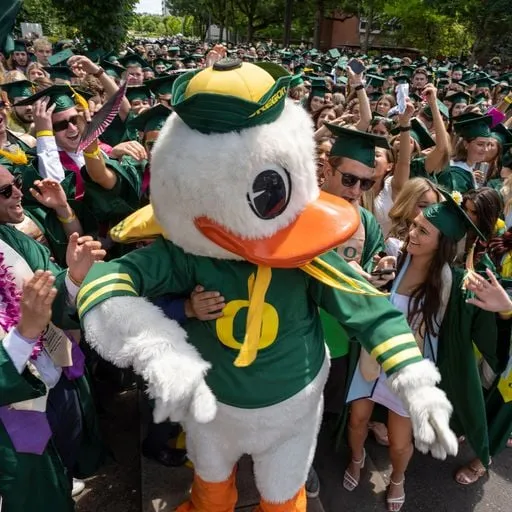 The Oregon Duck surrounded by UO grads