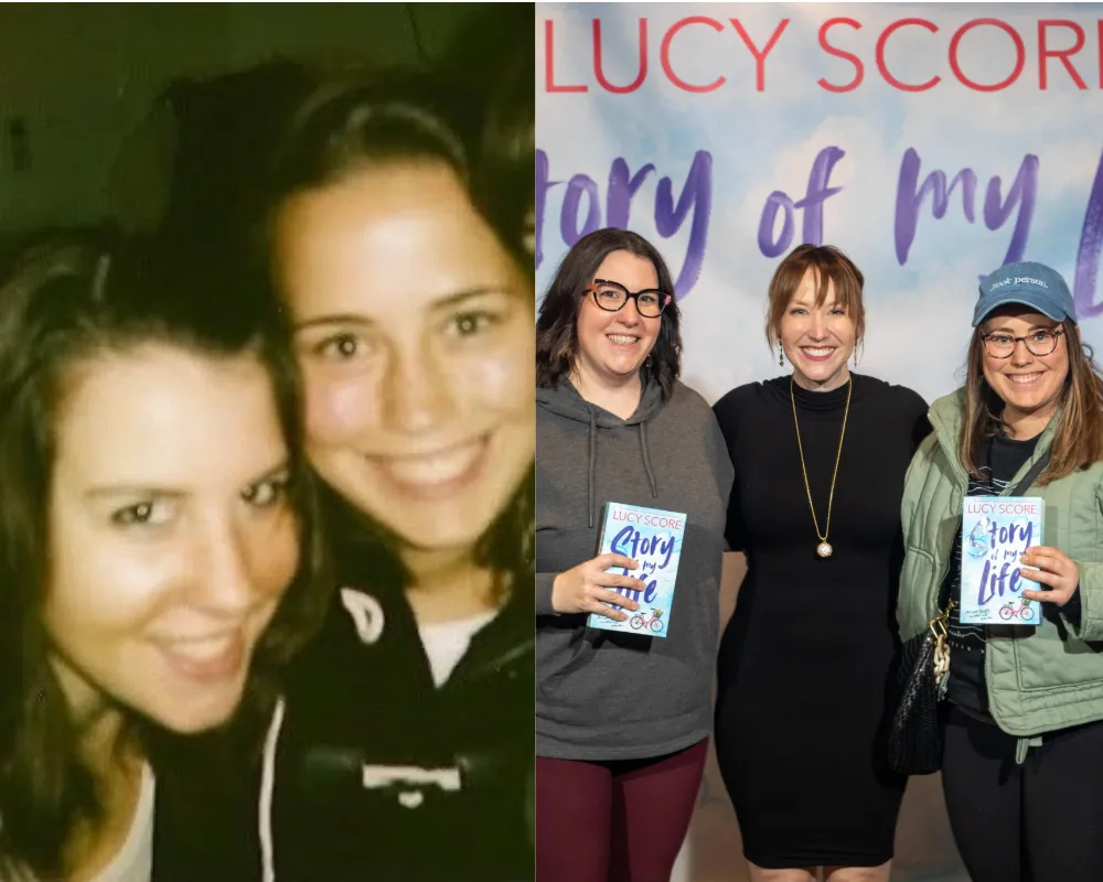 Split image: blurred photo of two people on left; three people with books in front of 'LUCY SCORE Story of my Life' backdrop on right