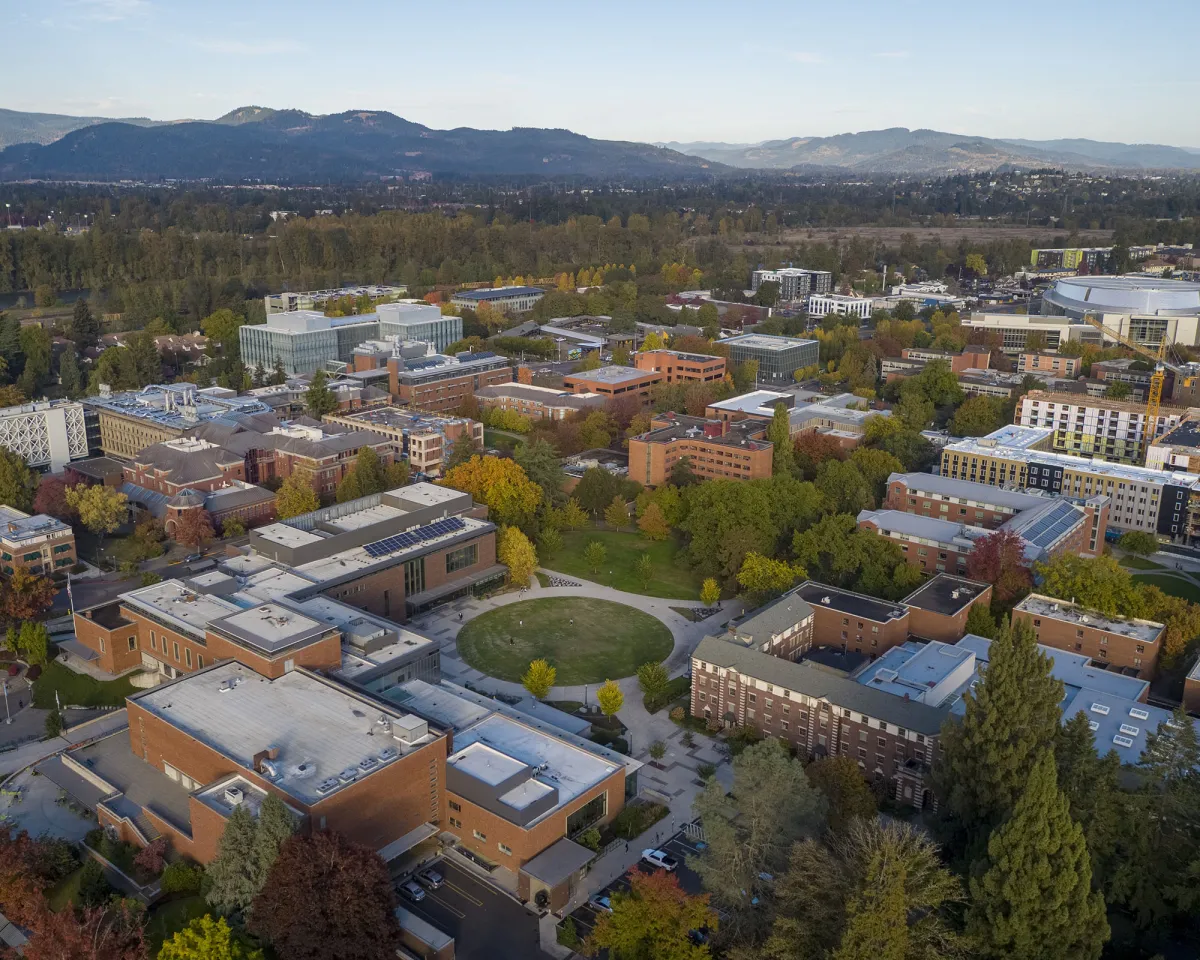 A 2023 campus aerial showing the footprint of the UO’s Eugene campus as it stands today.  