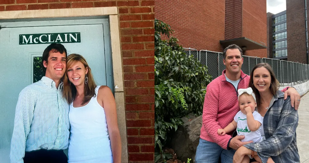 A before of a couple and a after picture of a couple with a baby. 