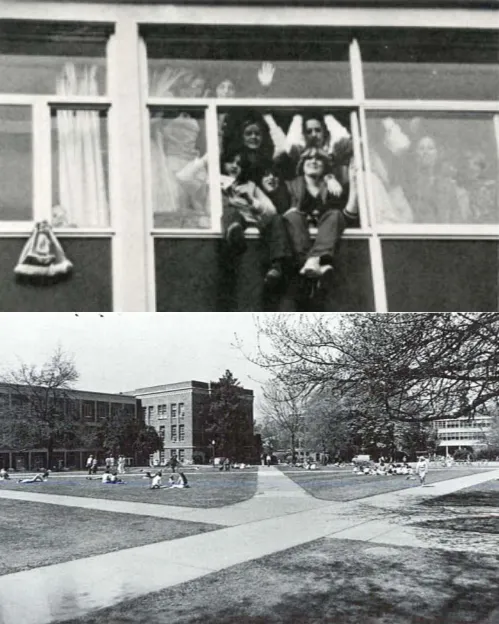 Top: Students sit on the windowsill from a room in Hamilton-McClain. Photo from 1980 Oregana.    Bottom: A look at the Eugene campus with Hamilton in the distance.
