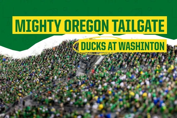 Crowd of Ducks fans in Autzen with text Mighty Oregon Tailgate Ducks at Washington