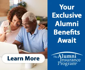 A banner with text, "Your Exclusive Alumni Benefits Await," and a male and female pictured sharing a laugh. 