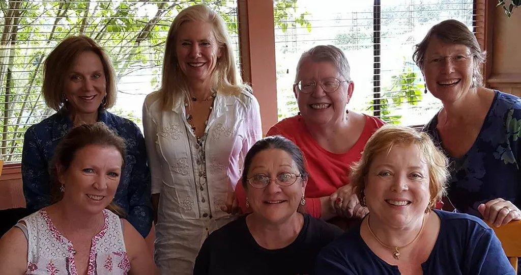 Bender, Kealy, Bryan, Pavel Lentz, Coon, Caswell, and their friend Zora Pesio at their 2016 reunion in Port Ludlow, Washington. 