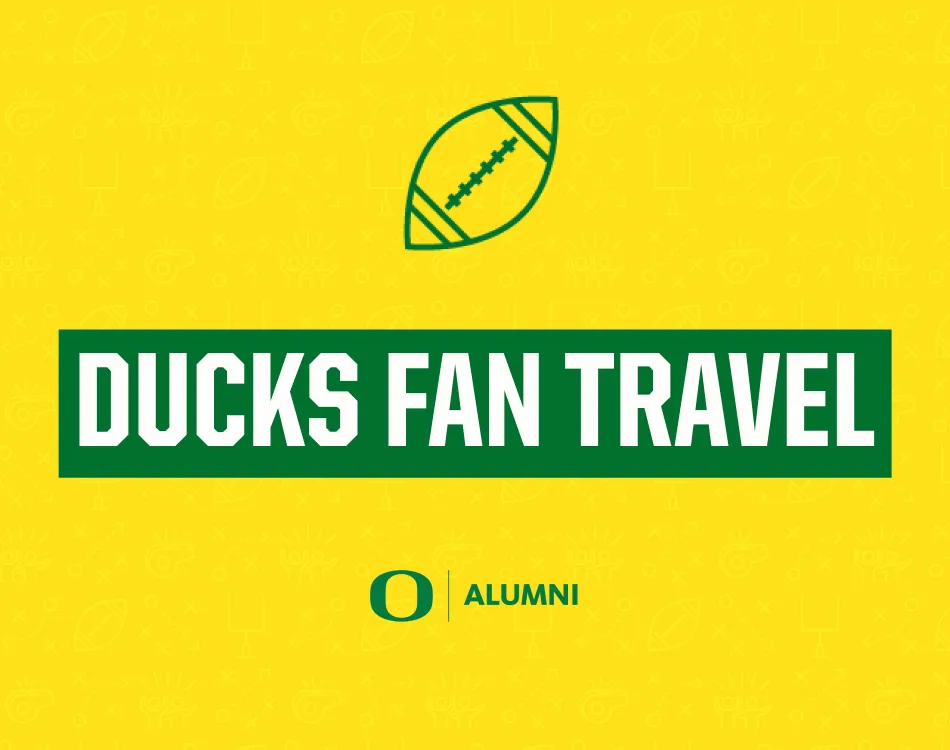 Ducks Fan Travel in a green box on a yellow background with the outline of a football in green above the centered text.