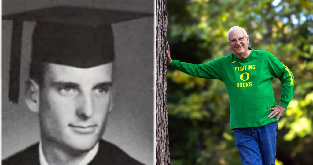 A black and white photo of a young man in a graduation cap on the left half of a composite image, with the right half a color photo of an older white man in a green long sleeve leaning against a tree and smiling at the camera.