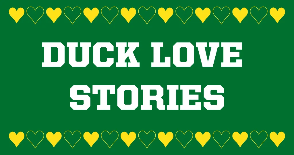 Text reading Duck Love Stories on a green background with yellow hearts above and below it.