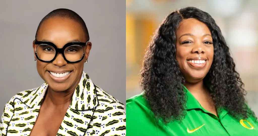 On the left half of a collage is a Black woman in her forties smiling at the camera wearing black thick rimmed glasses and a yellow suit coat with black and yellow graphics. On the right half is a smiling Black woman with curly hair to her shoulders in a bright green polo with a yellow Oregon O on the breast.