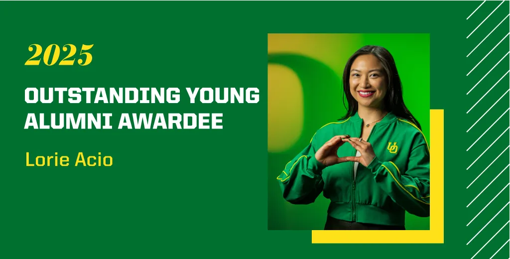 On a dark green background, the word 2025 Outstanding Young Alumni Awardee Lorie Acio are on the left hand side. On the right is a headshot of Lorie Acio making an O with her hands in front of a yellow O shadow.