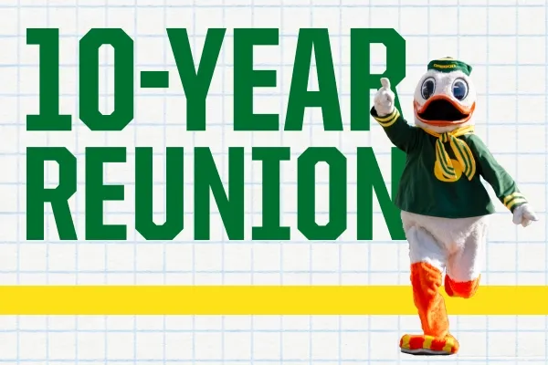 10-Year Reunion in green text on a graph paper background. The Duck is standing in the right of the image with his hand raised.