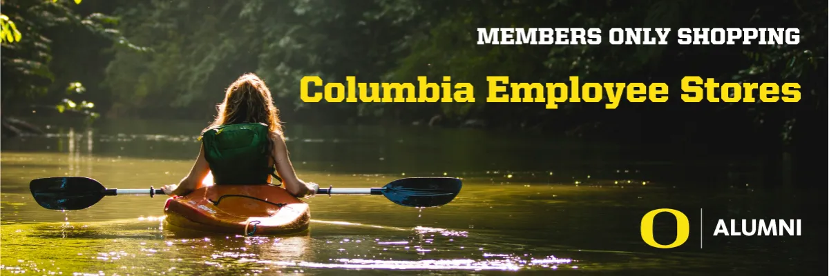 Members Only Shopping Columbia Employee Stores March 1-31 text on a photo of a woman in a kayak on a sunlit creek among the trees.