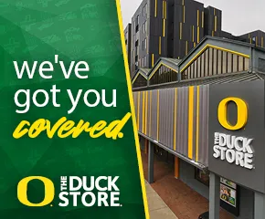 We've got you covered text on a green geometric background on the left half of the image. On the right is a photo of the gray and yellow facade of the flagship Duck Store.