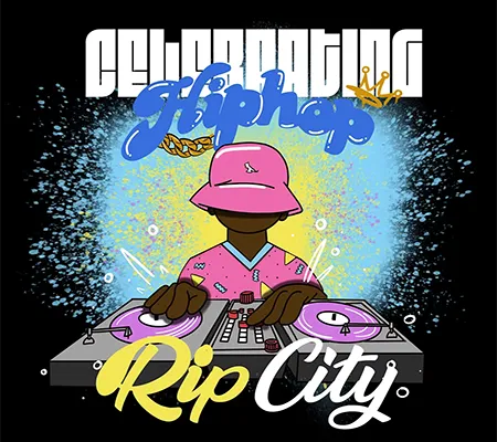 Celebrating Hip Hop Rip City text. Blue and yellow splattered paint explode from behind a Black DJ illustration with his hands on a turntable. He wears a pink jersey and a pink bucket hat low over his face.