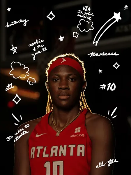WNBA star Rhyne Howard is outlined in light and surrounded by childlike doodles of stars, clouds, and successes.