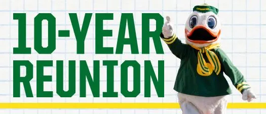 10-Year Reunion in green text on a graph paper background. The Duck is standing in the right of the image with his hand raised.