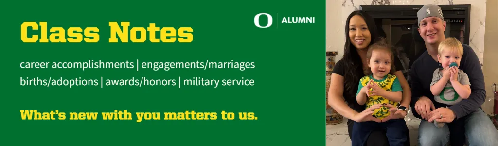 Blocky yellow text that says Class Notes. In white text below it reads career accomplishments, engagements, marriages, births, adoptions, awards, honors, military service. What's new with you matters to us. A photo of a couple with children is on the far right.