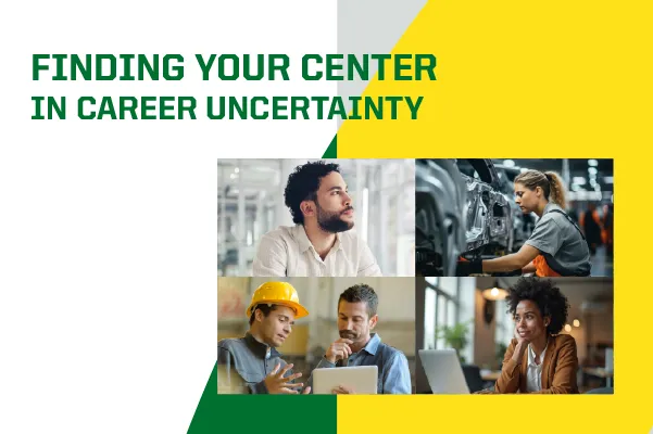 Finding Your Center in Career Uncertainty Impactful Career Pathways text on a gray background. Four photos of professionals across industries like construction and office work are collaged together in quarters.