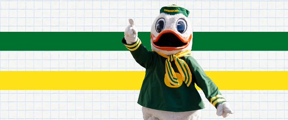 The Oregon Duck in front of a graph paper background and a yellow and green line.