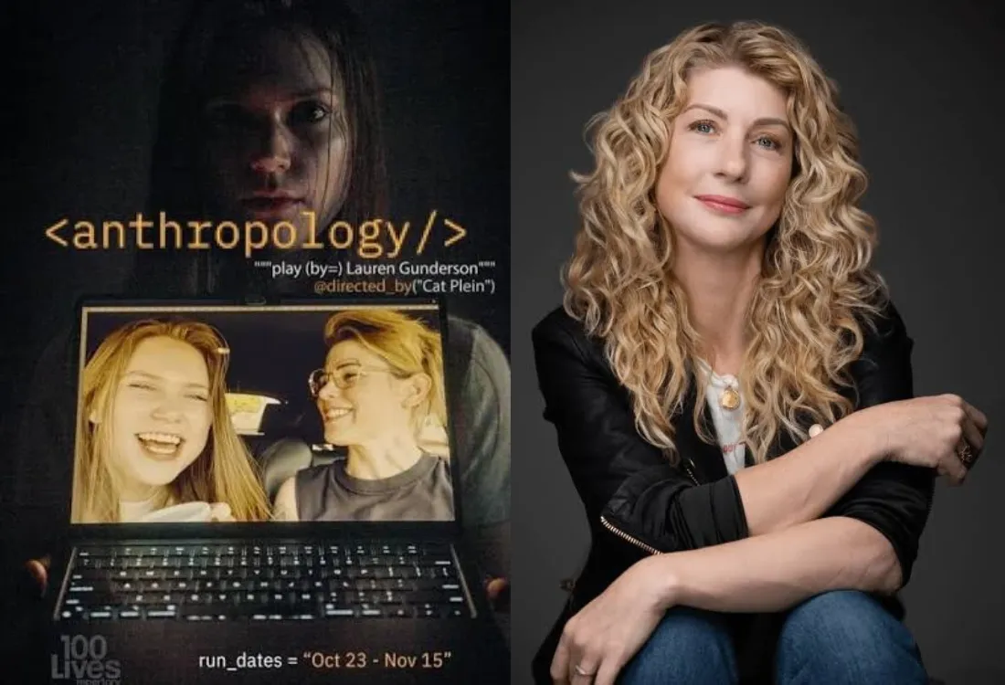 Anthropology play poster next to a headshot of a Brooke Totman, a woman with blond curly hair in a black jacket. 