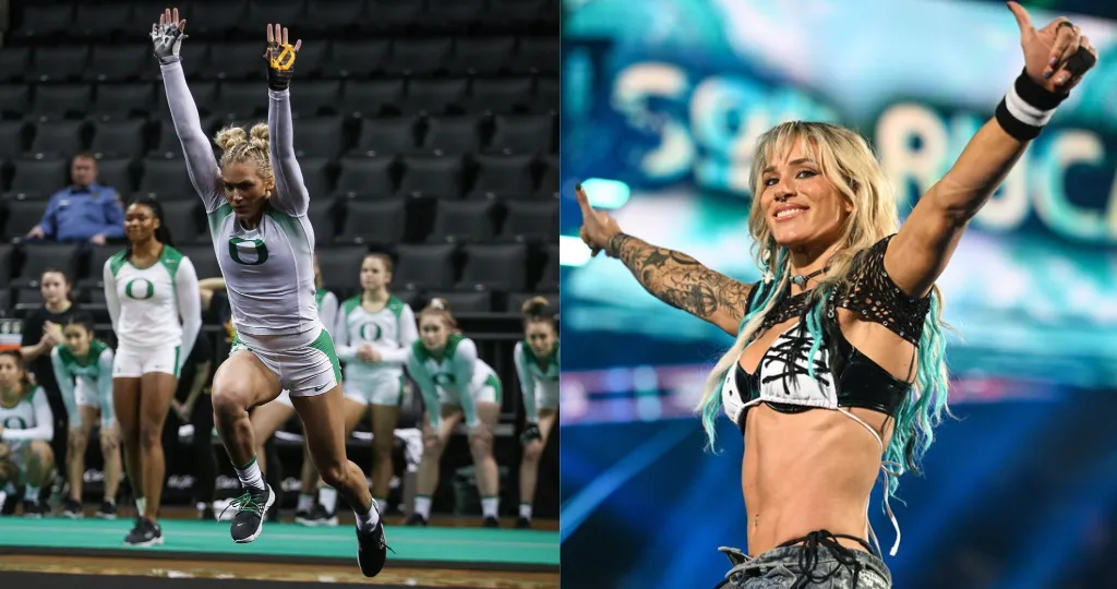 A photo of Calyx Hampton with her arms raised about to jump forward in Matthew Knight Arena in an Oregon acrobatics and tumbling uniform. A second photo of her as Sol Ruca the WWE wrestler holding her arms out in a black and white bikini top amid blue lighting.